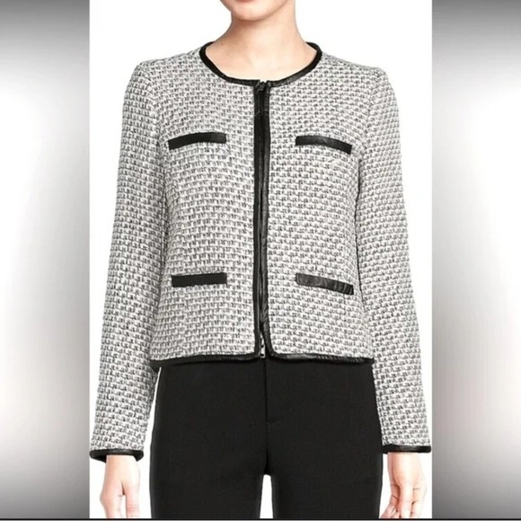 ecru Jackets & Blazers - Ecru Tweed Zip Front Jacket Black Cream Faux Leather Trim Size L Professional